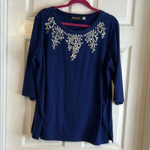 Bob Mackie Blue Embellished Blouse with 3/4 Sleeves